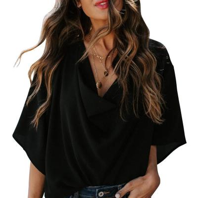 China 2022 Hot Selling Anti-Wrinkle 2022 Women's V-Neck Solid Blouses Chiffon Loosen Ladies Casual Short Office T-shirt Sleeve Sexy Elegant Blouse for sale