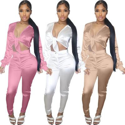 China 2022 New Summer Sexy V-Neck Long Sleeve Shirts And Pants Plus Size Women'S Clothing Women'S Two-Piece Set Clothing for sale