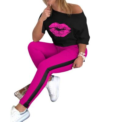 China 2022 5XL Anti Static Plus Size Women Lips Print Two Piece Set Off The Shoulder Tee Pencil Top Jogger Sweatpants Fits Casual Athletic Tracksuit for sale