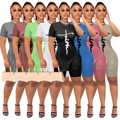 China 2022 Summer 5XL Plus Size Women's Casual Viable Wear Letter Printed Short Sleeve T-shirt Two Piece Set Short Tracksuit Set for sale