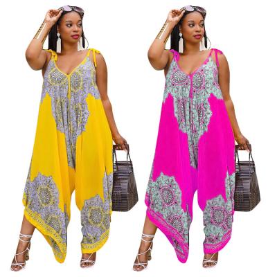 China Summer Viable Wholesale Women's Floral Print Dropshipping Loose Overalls Plus Size L to 4XL Spaghetti Tie Up African Elegant Overalls for sale