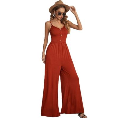 China 2022 new summer solid color strap rompers loose casual sleeveless holiday stylish wide leg overalls viable leg sports jumpsuit for sale