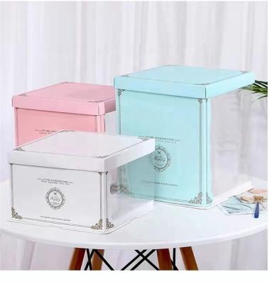 China New 6 8 10 12 Inch Square Sim-Party Fancy Large Blue White Baking Clear Side Cake Boxes Gift Pastry Box Biodegradable for sale