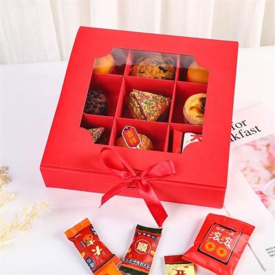 China Recycled Materials Sim-party New Year After Tea Pastry Ribbon Luxury Dessert Boxes 9 Hole Window Red Cake Box for sale