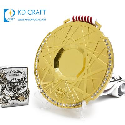 China America maker in china custom round shaped metal zinc alloy gold plated rhinestone white sports medal with ribbon for sale