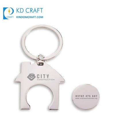 China Promotional Wholesale Home Shaped Metal Coin Trolley Key Chain Mini Challenge Insert Plastic Canadian Detachable Custom Coin Shopping Cart for sale