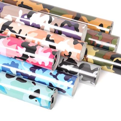 China Custom Clothing 10Inx10Yards Camouflage Patterned PU Heat Transfer Vinyl Rolls Prints HTV Film Roll For T Shirts Garment for sale