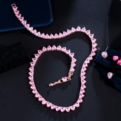 China FASHIONABLE Luxury Love Tennis Stone Pink CZ Zircons Zircons Party Engagement Necklace Earrings Heart Shaped Jewelry Sets For Women for sale