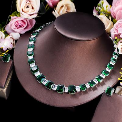 China TRENDY Elegant Green Cubic Zircon Stud Earrings Necklace Geometric Square Big Geometric Square Jewelry Set For Women for sale