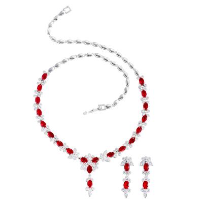 China FASHIONABLE Chic Red Cubic Zircon Stone Color Elegant Women Party Flower Necklace and Silver Earrings Sets for Brides Wedding CZ Jewelry for sale