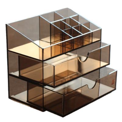 China Custom Viable Brown Acrylic Skincare Product Holder Drawer Box Maker Box Finishing Cosmetic Storage Box Lipstick for sale