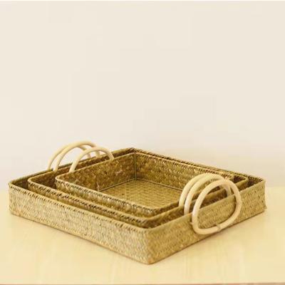 China Amazon Straw Tray Straw Fruit Basket Disposable Best Selling Amazon Restaurant Hotel Tray Three-piece Seaweed Woven Dinner Dish for sale