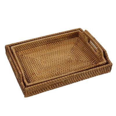 China Disposable Pure Natural Rattan Woven Rattan Fruit Basket Two-ear Handle Tray Home Snack Tray for sale