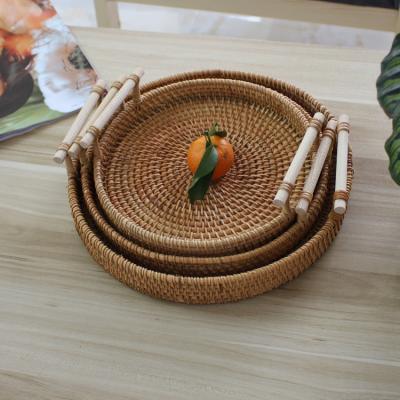 China Wholesale High Quality Cheap Wooden Round Rattan Disposable Serving Tray With Handle for sale