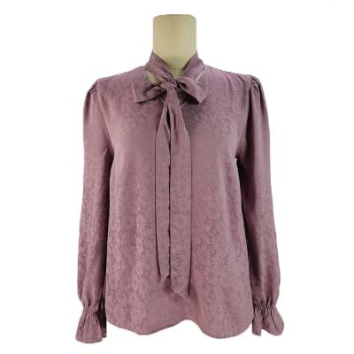 China Hot Selling Anti-Shrink Designed Formal Women Blouses 100% Long Sleeve Bow Neck Women Squishy Tops for sale