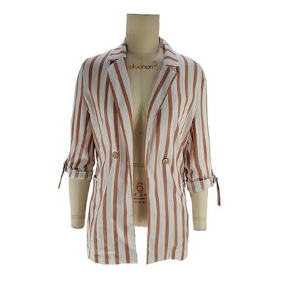 China Good quality breathable Modest Clothing Fall Fashion Yarn dyed stripes cotton button striped ladies blazer office career casual wear coat for sale