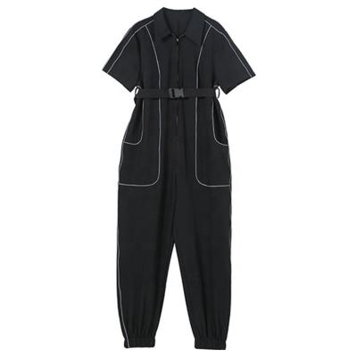 China 2021 Spring&Summer Black Women Breathable Formal Polyester Dungarees Turn-Down Collar Long Overalls 2021 for sale