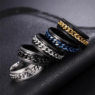 China Fashion High Quality Romantic Simple Jewelry Engraved Logo Gold Plated Stainless Steel Chain Ring For Men for sale