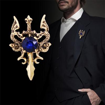 China Double Dragon Sword Gem Coat Pins Brooch Single Vintage Corsage Pin For Men Suits for sale