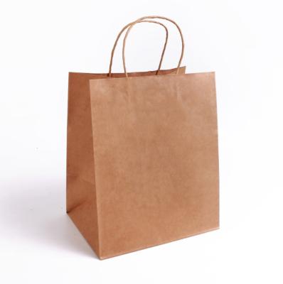 China Recycled Materials Custom Flat Paper Handles Brown Fast Food Kraft Paper Take Away Bag For Restaurant Packaging for sale