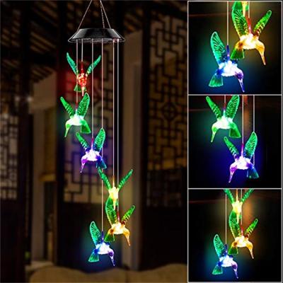 China Outdoor Waterproof Colorful Color Changing Hummingbird LED Wind Chime Solar Sensor Butterfly Hanging Light Garden Light windchime for sale