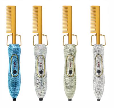 China 2021 Best Hotel Hair Salon 2 in 1 Electric Hot Bling Rhinestone Glitter Comb / Hair Straightener Comb for sale