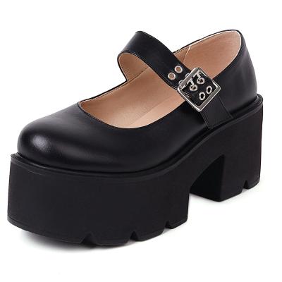 China Breathable Black High Heels Shoes Woman Platform Pumps Solid Color Round Toe Mary Jane Shoes for sale