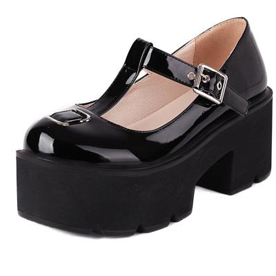 China Light Lolita Shoes Woman Black Round Toe Square High Heels Patent Leather Heels Platform Pumps for sale