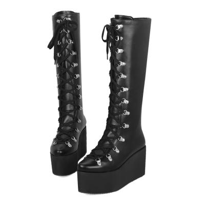 China Round Chunky Platform Knee High Boots Women Punk Stuck Long Boots Woman Lace Up Chelsea Boots for sale