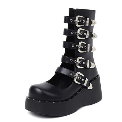 China Round Female Gothic Wedges High Heels Women Boots Fashion To Metal Buckle Platform Knee High Boots Shoes Woman Punk for sale