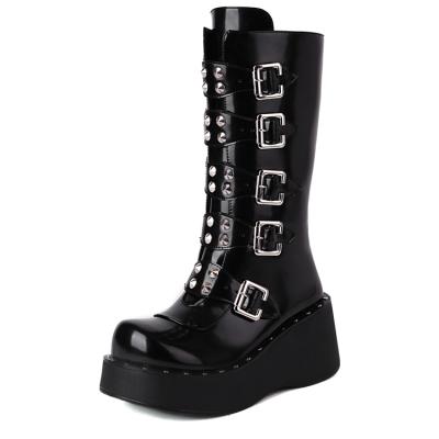 China Round Women's Calf Studded Combat Boots Mid Black Gothic Platform Boots Round Toe Buckle Wedges Heel Mid Heels Booties for sale