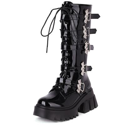 China Women's Platform Chunky Heel Black Bat Buckle Punk Calf Round Gothic Combat Boots Mid Boots PU Patent Leather Boots for sale