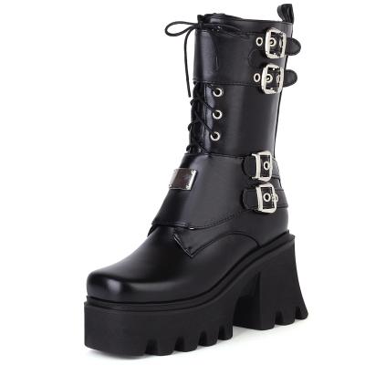 China Round Women Motorcycle Boots Gothic Black Calfskin Mid Boots Punk Style Autumn Winter Shoes Woman Chunky High Heels Lace Up for sale