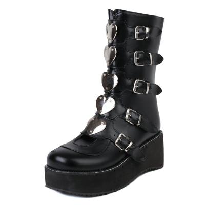 China Cool High Quality Gothic Hot Fashion Big Size 43 Wedges Heart Platform Mid-Calf Boots Motorcycle Boots Ins for sale