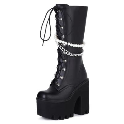 China Massage Women's Boots Lace Up Mid Calf Boots Round Toe Thick High Heels Platform Boots Punk Gothic Winter Boots for sale