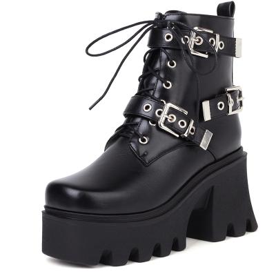 China Round Chunky High Heels Booties For Women Platform Combat Ankle Boots Buckle Design Block Heels Lace Up Motorcycle Boots for sale