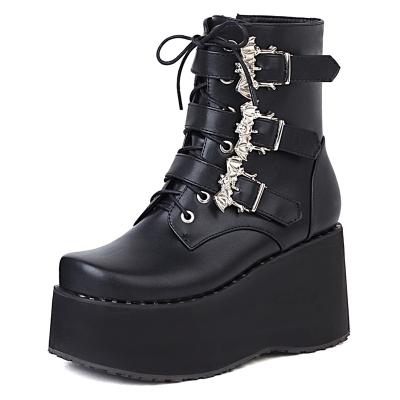 China Women Round Ankle Boots Black Gothic Boots Lace Up Buckle Punk Design Wedges Shoes Style Short Boots for sale