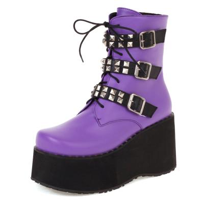 China Woman Ankle Boots Purple Round Toe Wedges Shoes Woman Lace Up Gothic Style Punk Boots Short Botas Mujer for sale