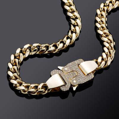 China Shiny Durable 12mm Hip Hop Big Gold Brass Buckle Cuban Link Chain For Men for sale