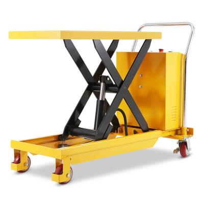 China Yellow Hydraulic Lifter Trolley 500kg 0.9m Semi Electric Scissor Lift Trolley for sale