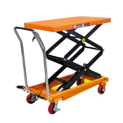 China Orange Mobile Scissor Table Lift Hydraulic 300kg Hydraulic Lift Table Cart for sale