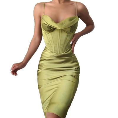 China 2022 Ladies Anti-Static Sexy Green Silk Satin Spandex Backless Inner Bra Designed Dress Midi Dress For Party Women for sale