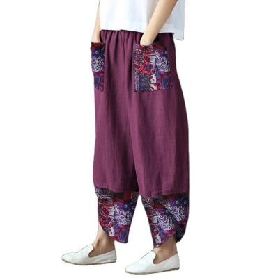 China Anti-wrinkle Spring and Autumn New Patchwork Cotton Linen Wide Leg Pants Loose Women Printing Trousers for sale