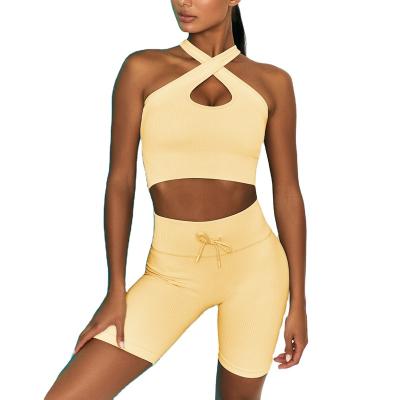 China New Style Casual Solid Color Cross-Back Yoga Bra Fitness Shorts Suit For Women for sale