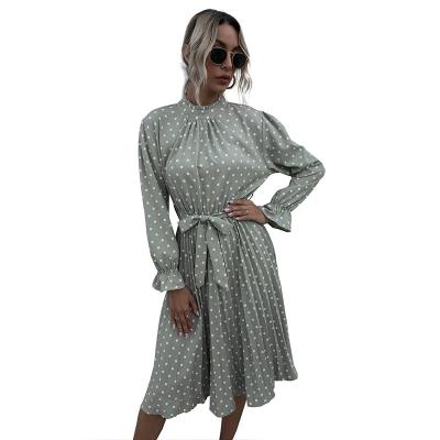 China European and American women's washable polka dot round neck pleated dress half-sleeve slim long-sleeved stain for sale