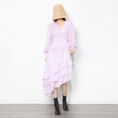 China 2022 New Product Breathable V-neck Lantern Sleeve Elastic Waist Elastic Waist Cake Dress Light Chiffon Polka Dot Pungent Oblique Polka Dot Dress for sale