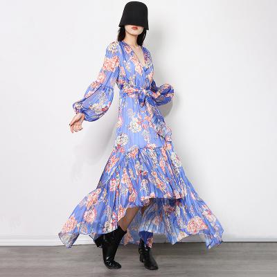 China New Floral Print Skirt High-waist V-neck Breathable Blue Chiffon Pleated Lantern Sleeve Splicing Dress Long for sale