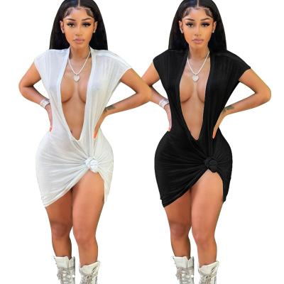 China Women Summer Dress S-2XL Breathable Hot Selling Solid Deep V-Neck Nightclub Shortsleeve Solid Casual Dress for sale