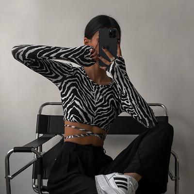 China Cute Breathable Fashion Clothing Tops For Women Ladies Fall Crew Neck Zebra Lace Up Print Sleeve Crop Tops Long for sale