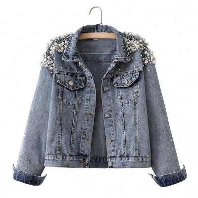 China Womens Basic Coats Womens Viable Denim Jacket Pearl Beading Fashion Jeans Coat Loose Long Sleeve Jackets for sale